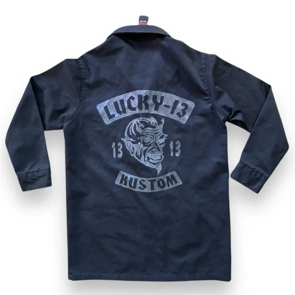 Vintage Lucky 13 Shirt Jacket Black Graphics Print Back USA Made Devil Kustom